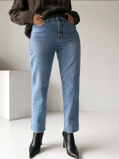 Stylish Streetwear Vintage Women's Denim Blue Jeans - Autumn Winter High Waist Loose Trousers - Straight Leg Jeans Pants