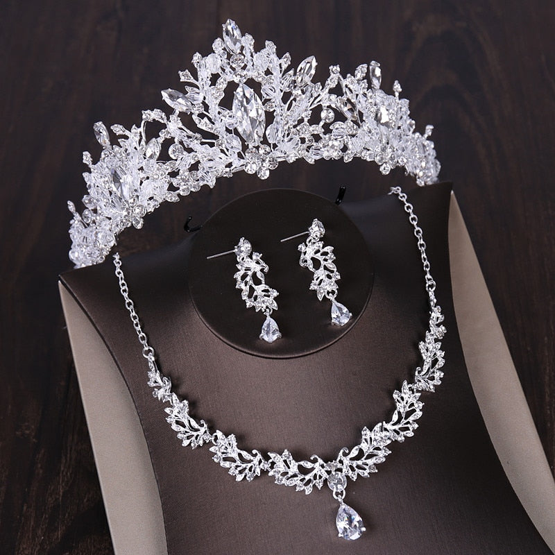 Luxury Heart Crystal Bridal Jewelry Sets Wedding Cubic Zircon Crown Tiaras Earring