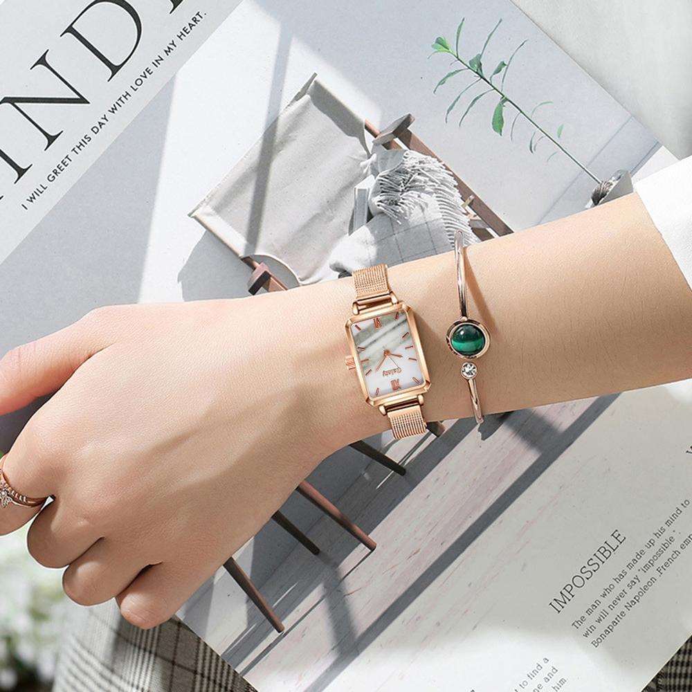 Brand Women Watches Fashion Square Ladies Quartz Watch Bracelet Set Green Dial Simple Rose Gold Mesh Luxury Women Watches