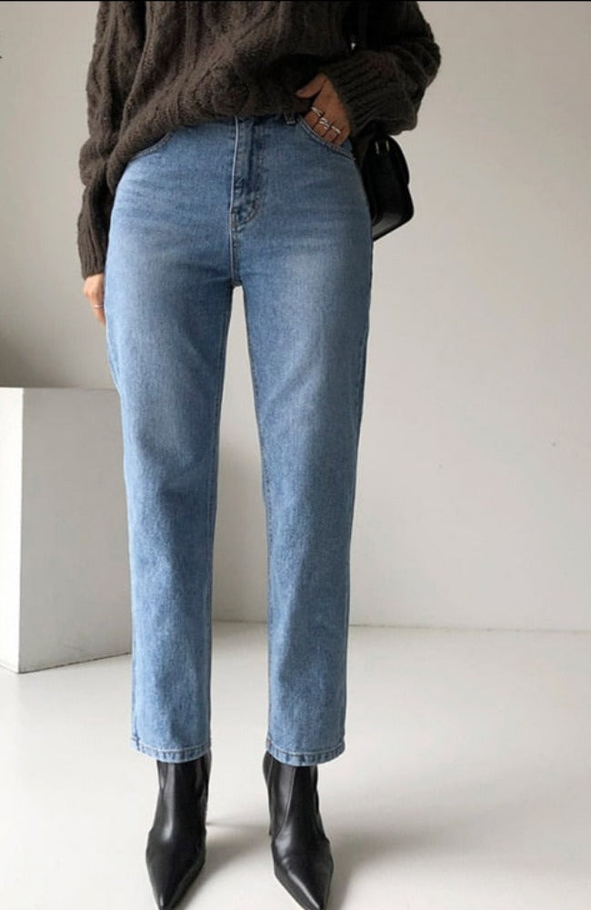 Stylish Streetwear Vintage Women's Denim Blue Jeans - Autumn Winter High Waist Loose Trousers - Straight Leg Jeans Pants