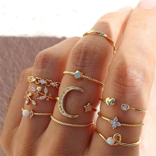 Bohemian Gold Color Chain Rings Set For Women Fashion Boho Coin Snake Moon Rings Party 2023 Trend Jewelry Gift