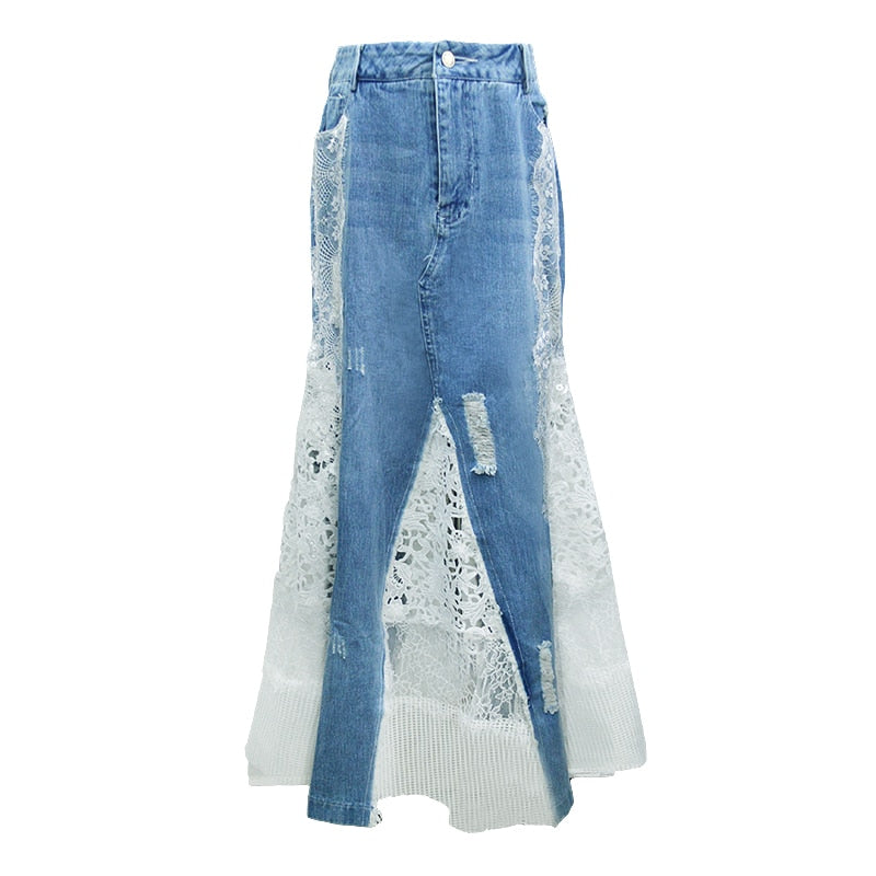 Spring Fashion Long Maxi Denim And Lace Fish Tail Skirt For Women S-2XL Mermaid Style High Waist Summer