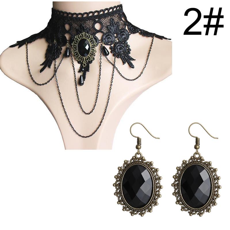 Gothic Harajuku Style Jewelry Set Vintage Lace Choker Necklace Ring Hand Bracelet Drop Earrings Set Jewelry Accessories Party Dress Up