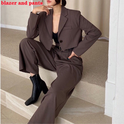 Office Lady Blazer Suits Vintage Two Piece Set Women Long Sleeve Short Blazer  High Waist Wide Leg Long Pants 2 Piece Outfits