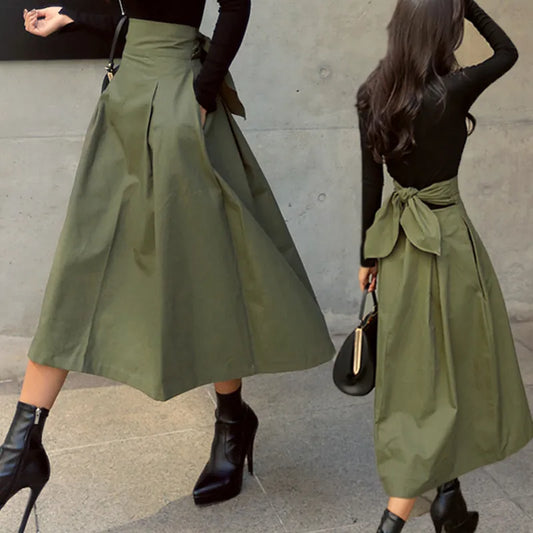 Skirts Womens 2024 Korean Fashion Solid Color Big Swing Women Skirt Long Skirt Autumn Wild High Waist Bow Slim Skirts