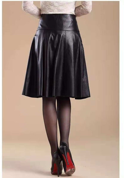 PU Leather Skirt Women's A- line Large-Size Knee-Length High-Waist Pleated Skirt Woman Skirts Mujer Faldas Saias Mulher