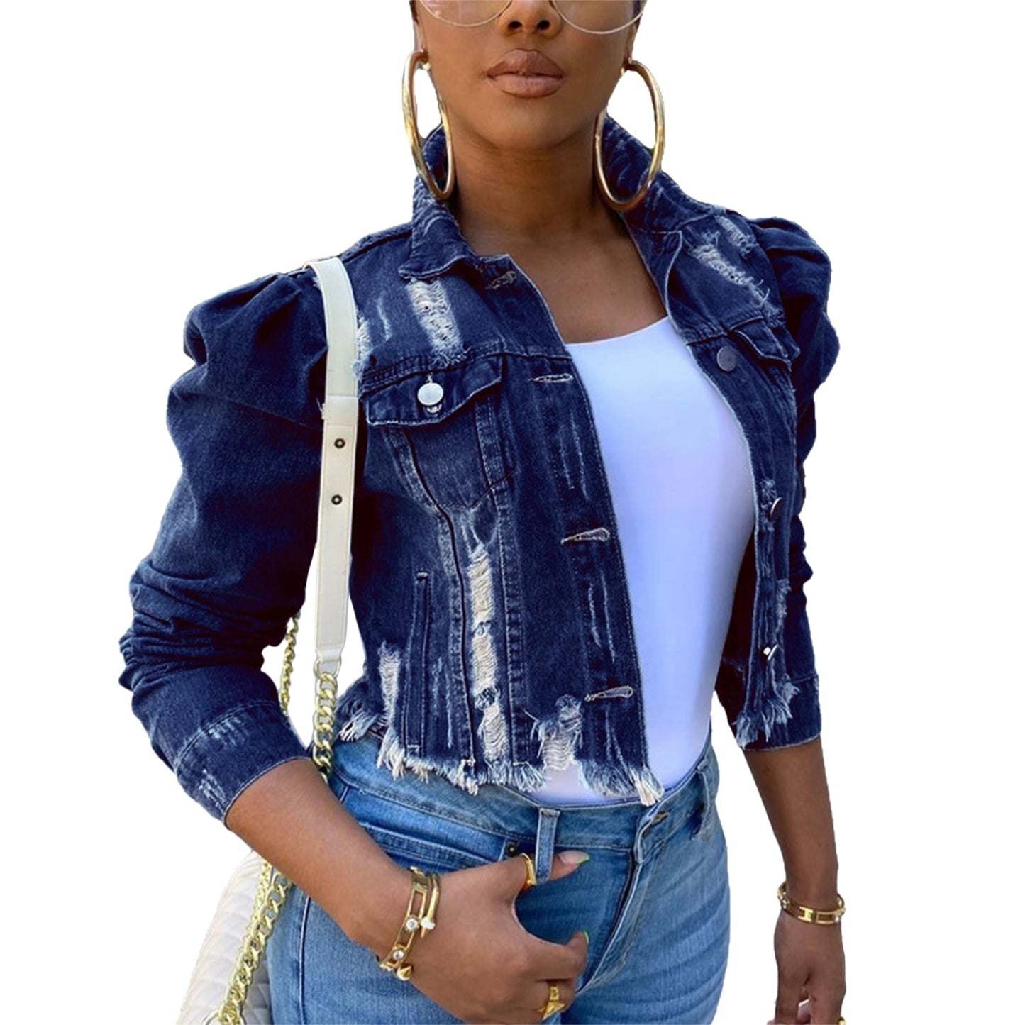 Women's Ripped Denim Jacket Casual Long Puff Sleeve Button Down Cropped Jean Coats for Fall