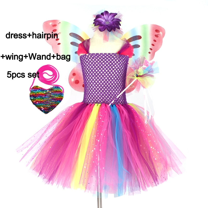 Girls Butterfly Fairy Fancy Tutu Dress Wings Costume Kids Princess Birthday Party