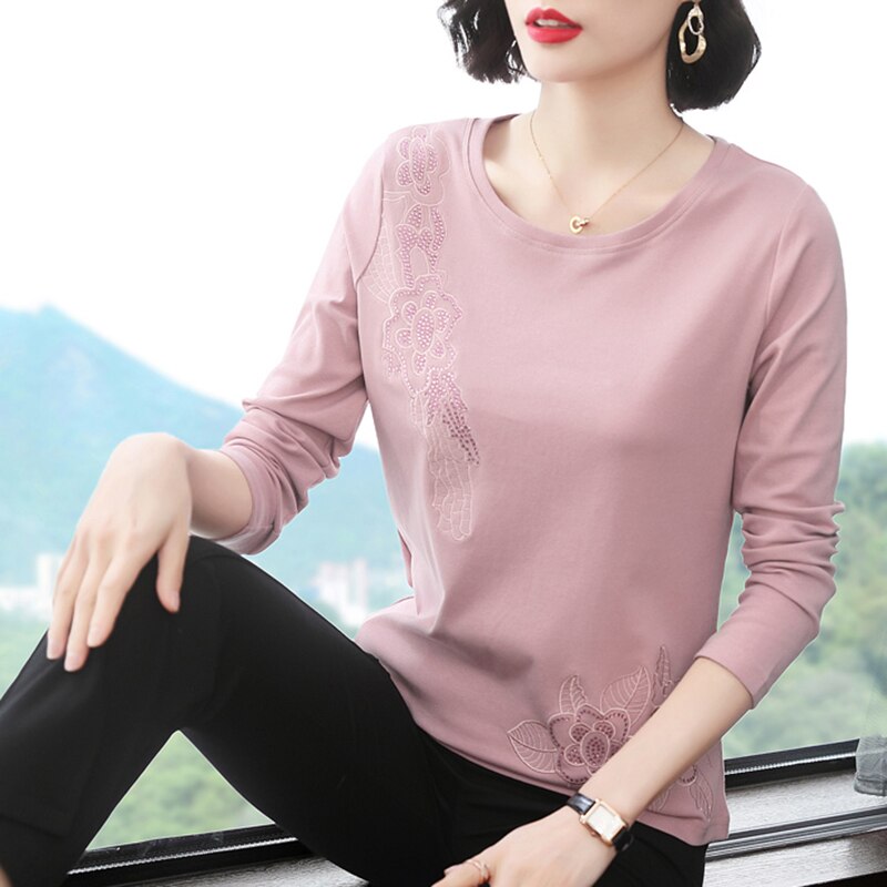 Long Sleeve Tops Ladies Tee Shirt with Dimond Detailing