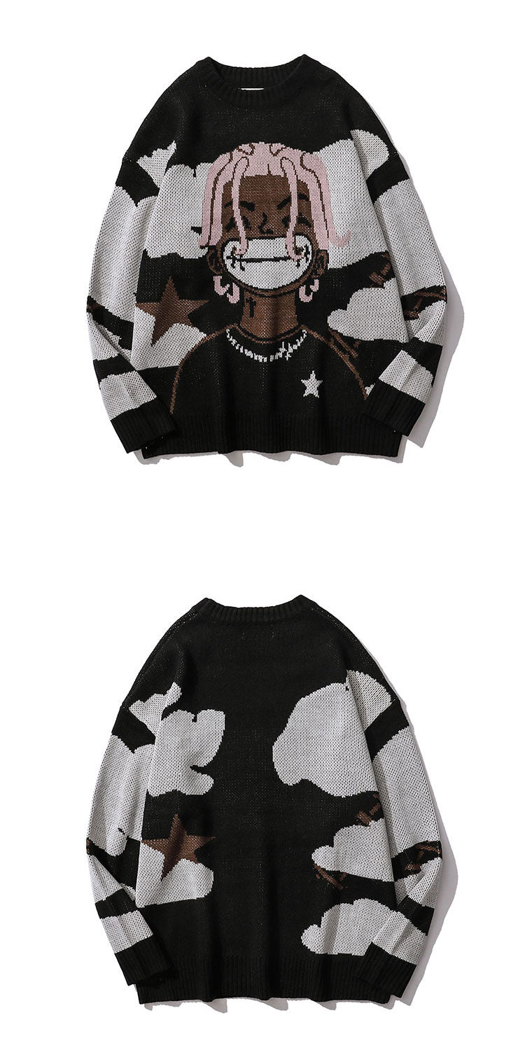 Harajuku vintage cartoon anime knitted sweater men winter men's rock hip hop rap pullover women jumper ugly sweater