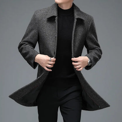 High-Quality Men's Winter Jackets and Coats Business Casual Woollen Trench Coats, Long Overcoat with Turn-Down Collar in Wool Blends