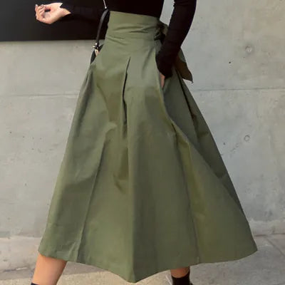 Solid Color Big Swing Women Skirt Long Skirt Autumn Wild High Waist Bow Slim Skirts