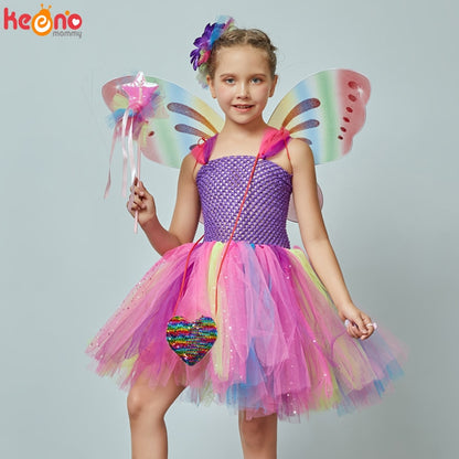 Girls Butterfly Fairy Fancy Tutu Dress Wings Costume Kids Princess Birthday Party