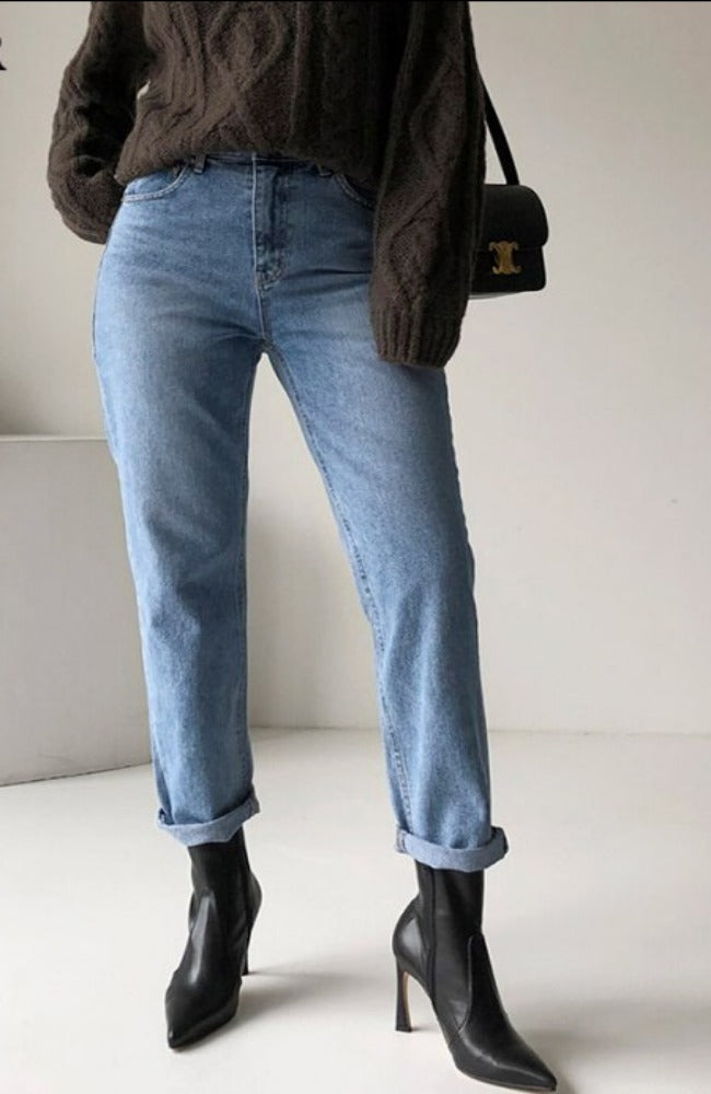 Stylish Streetwear Vintage Women's Denim Blue Jeans - Autumn Winter High Waist Loose Trousers - Straight Leg Jeans Pants