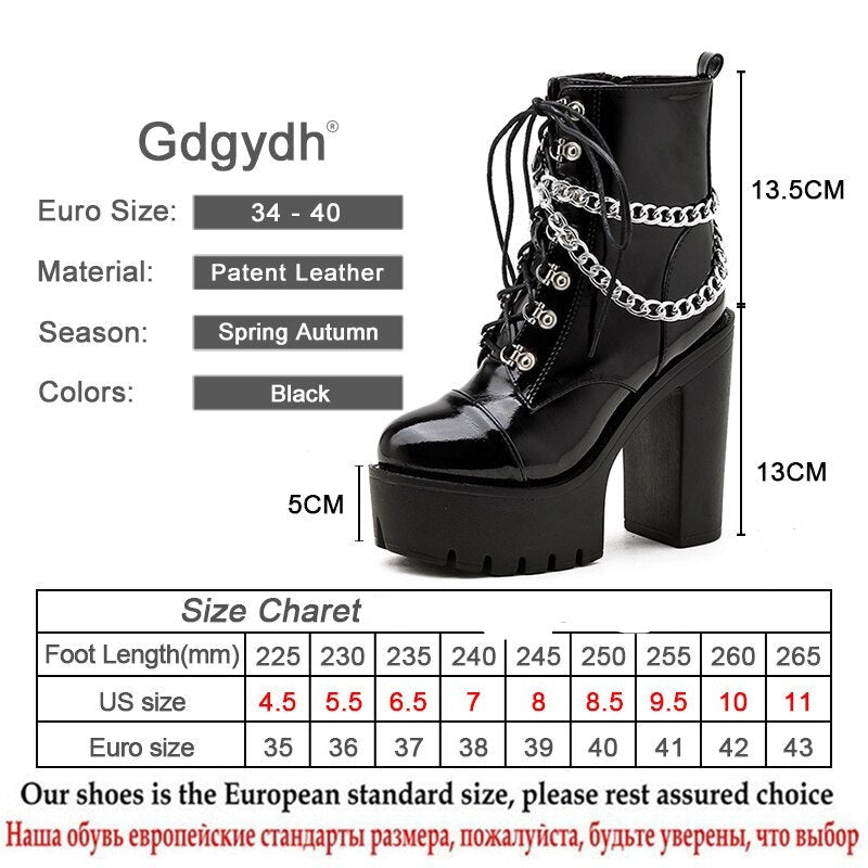 Night with Style Black Gothic Patent Leather Ankle Boots - High Heels Sexy Chains and Punk Vibes for Party Perfect Looks