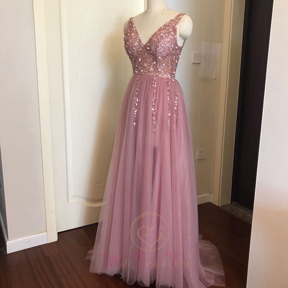 Beading Prom cocktail  Dresses 2023 Plus Size Pink High Split Tulle Sweep Train Sleeveless Evening Gown A-line Lace Up Backless Vestido De