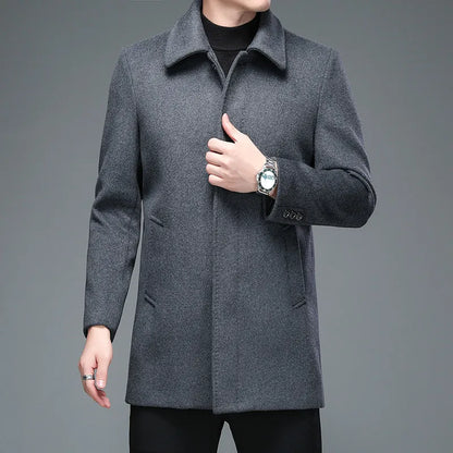 High-Quality Men's Winter Jackets and Coats Business Casual Woollen Trench Coats, Long Overcoat with Turn-Down Collar in Wool Blends