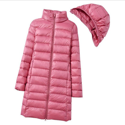 Ultra-Light Long Women's Winter Down waterproof Jacket: Thin, Casual, Slim Puffer Coat with Removable Hooded Parka