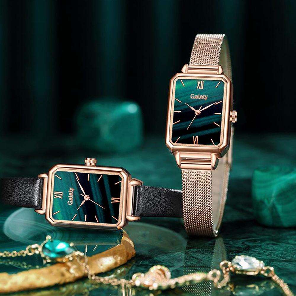 Brand Women Watches Fashion Square Ladies Quartz Watch Bracelet Set Green Dial Simple Rose Gold Mesh Luxury Women Watches