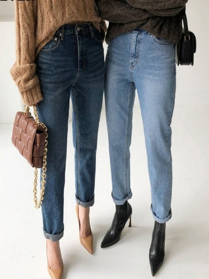 Stylish Streetwear Vintage Women's Denim Blue Jeans - Autumn Winter High Waist Loose Trousers - Straight Leg Jeans Pants