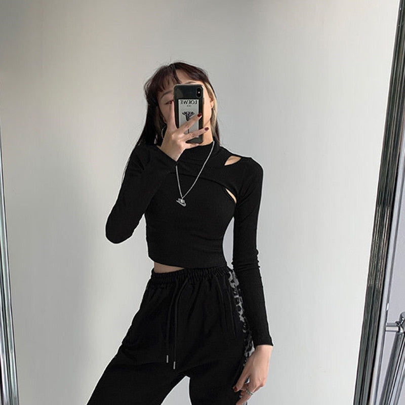 Hollow Knitted Crop Tops Women New Fitness Fake Two-piece T-shirt Female Black White Long Sleeve streetwear style Tops