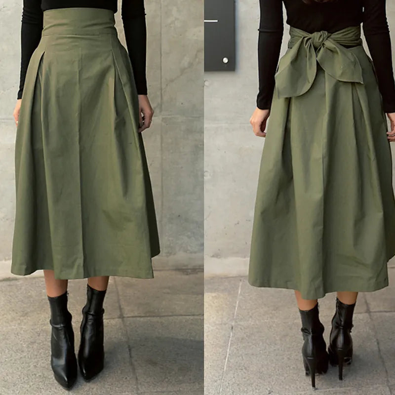 Skirts Womens 2024 Korean Fashion Solid Color Big Swing Women Skirt Long Skirt Autumn Wild High Waist Bow Slim Skirts