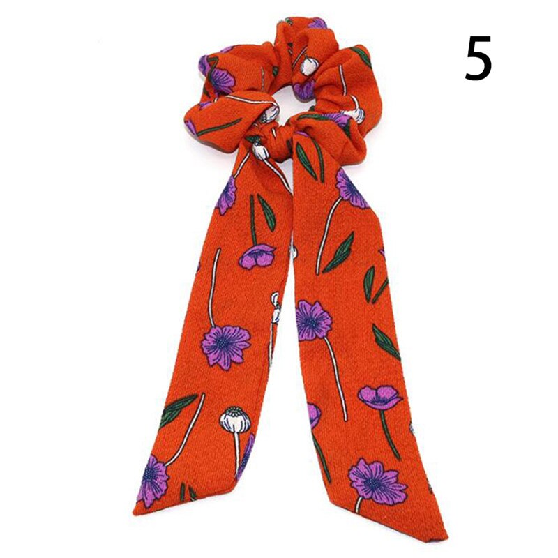 DIY Solid/Floral Print Bow Satin Long Ribbon Ponytail Scarf Hair Tie Scrunchies Women Girls Elastic Hair Bands Hair Accessories