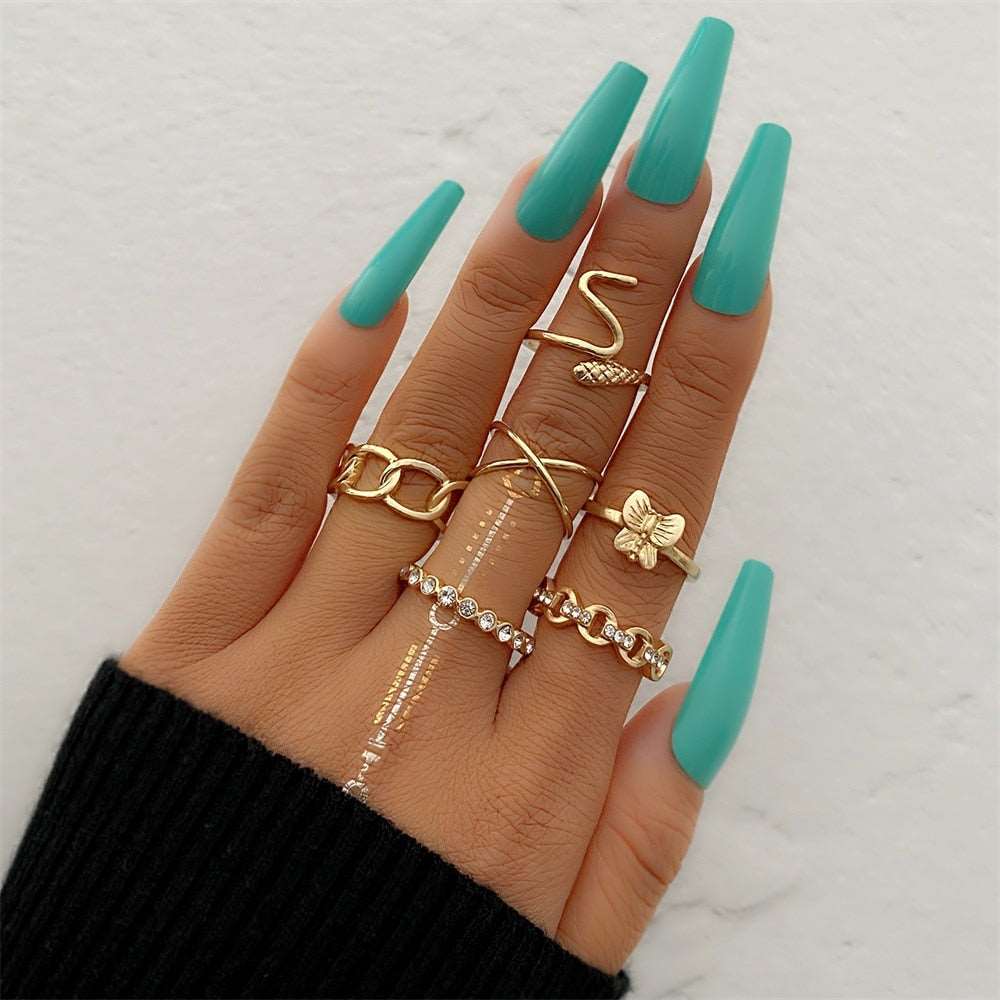 Bohemian Gold Color Chain Rings Set For Women Fashion Boho Coin Snake Moon Rings Party 2023 Trend Jewelry Gift