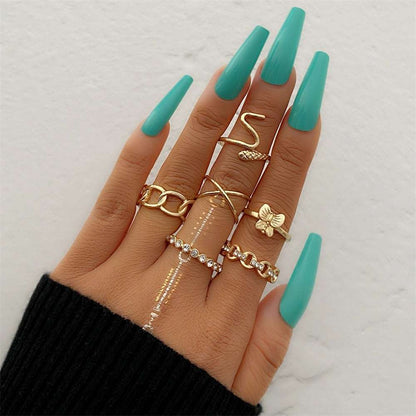 Bohemian Gold Color Chain Rings Set For Women Fashion Boho Coin Snake Moon Rings Party 2023 Trend Jewelry Gift