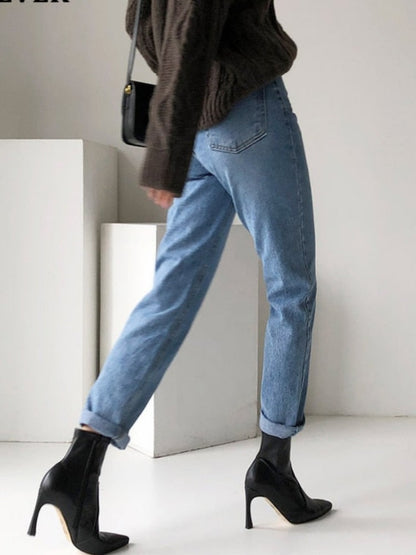 Stylish Streetwear Vintage Women's Denim Blue Jeans - Autumn Winter High Waist Loose Trousers - Straight Leg Jeans Pants