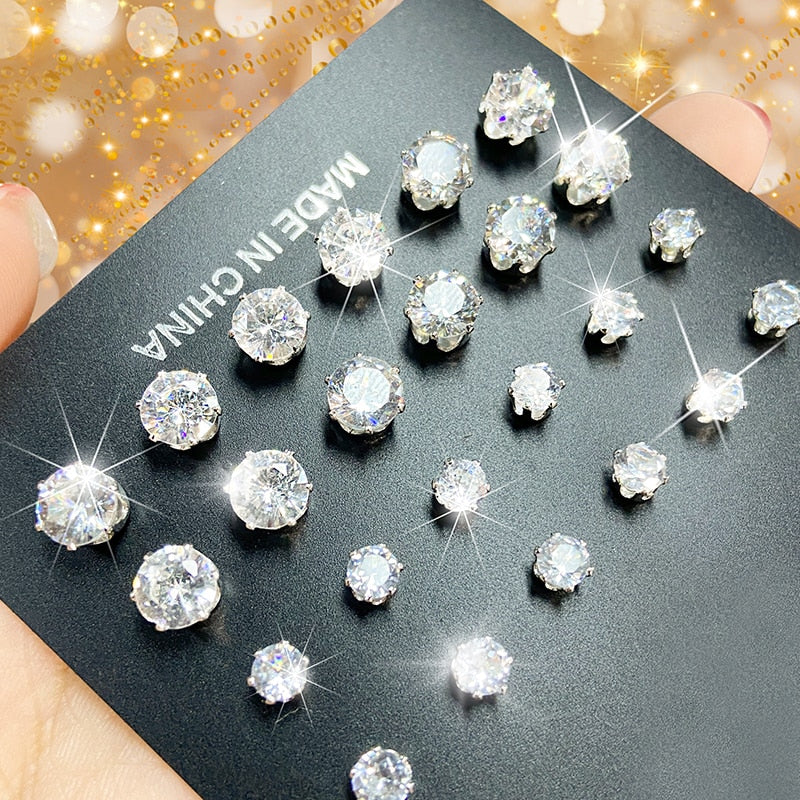 Cubic Zirconia Round Stud Earrings Set For Women Silver Color Crystal