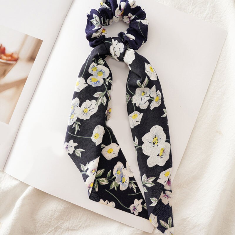 DIY Solid/Floral Print Bow Satin Long Ribbon Ponytail Scarf Hair Tie Scrunchies Women Girls Elastic Hair Bands Hair Accessories