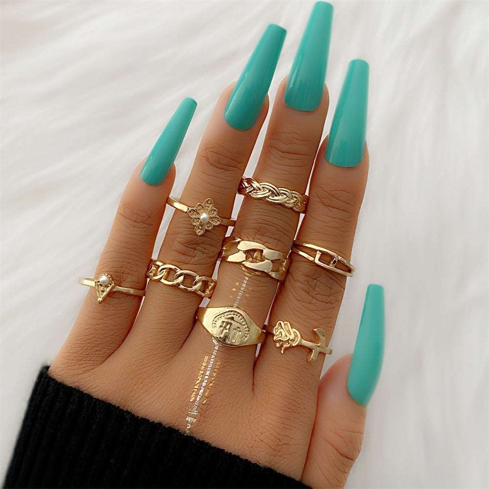 Bohemian Gold Color Chain Rings Set For Women Fashion Boho Coin Snake Moon Rings Party 2023 Trend Jewelry Gift