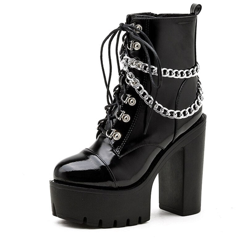 Night with Style Black Gothic Patent Leather Ankle Boots - High Heels Sexy Chains and Punk Vibes for Party Perfect Looks