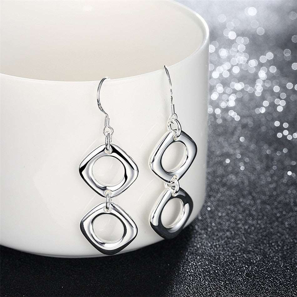 925 Sterling Silver Round Square Necklace Earring Set For Woman Wedding Engagement Party Fashion Charm Jewelry