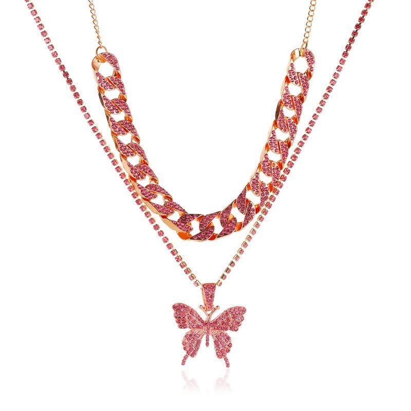 Punk Cuban Double Layer Big Butterfly Pendant Necklace