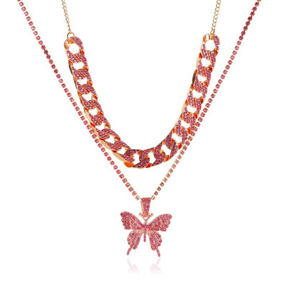 Punk Cuban Double Layer Big Butterfly Pendant Necklace