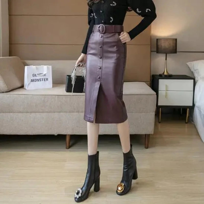  Korean Style High Waist PU Leather Skirt With Belt Slit Falda Midi Skirt