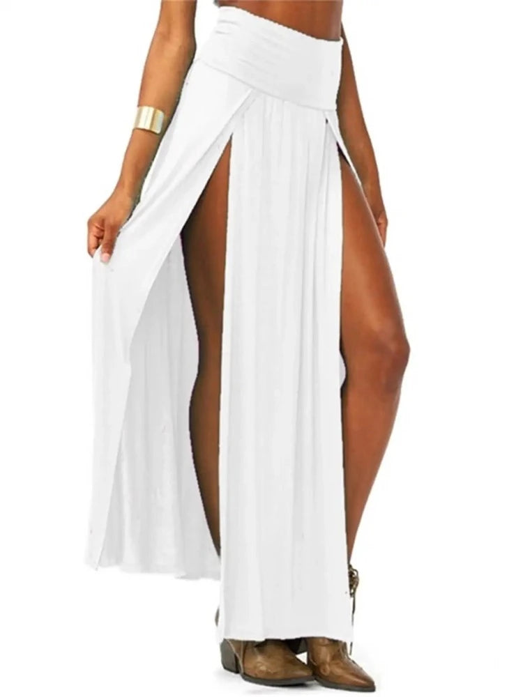 New Arrival High Waisted Sexy Womens Double Slits Summer Solid Long Maxi Skirt