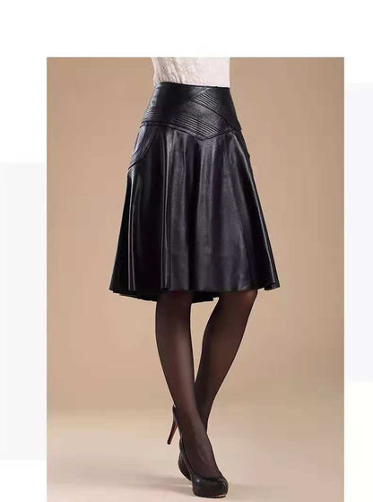 PU Leather Skirt Women's A- line Large-Size Knee-Length High-Waist Pleated Skirt Woman Skirts Mujer Faldas Saias Mulher