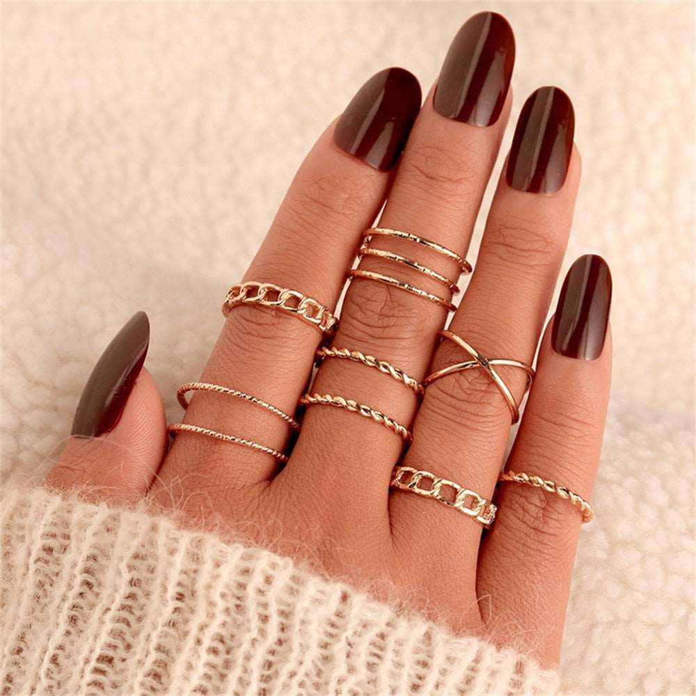 Bohemian Gold Color Chain Rings Set For Women Fashion Boho Coin Snake Moon Rings Party 2023 Trend Jewelry Gift