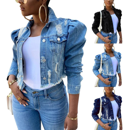 Women's Ripped Denim Jacket Casual Long Puff Sleeve Button Down Cropped Jean Coats for Fall