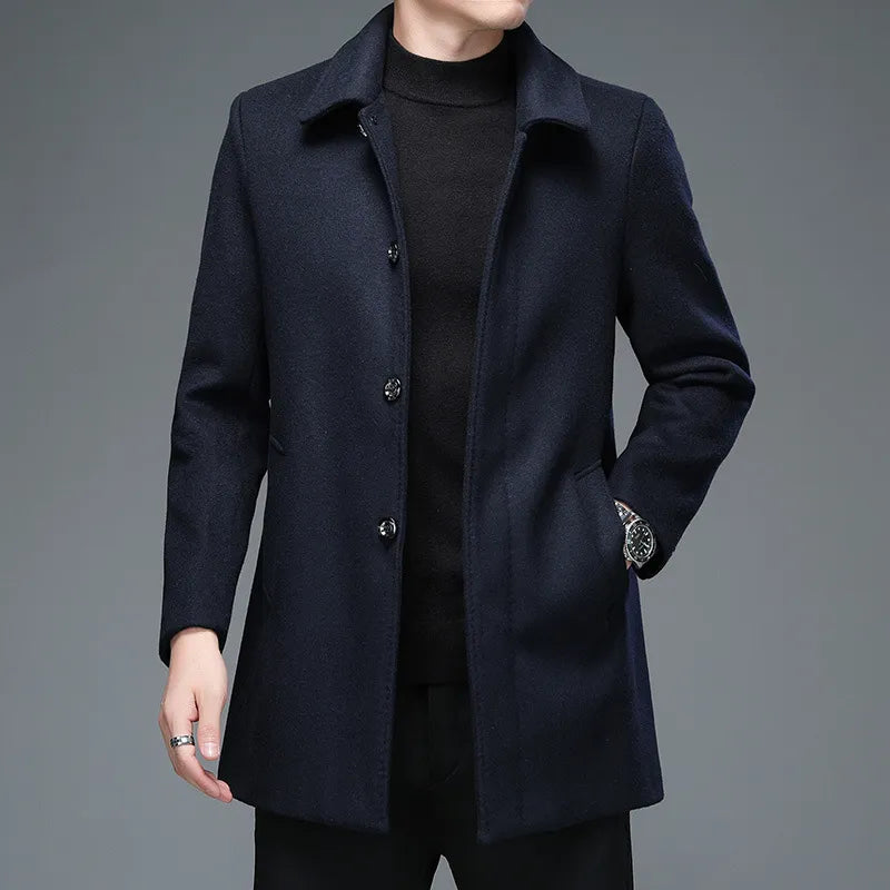 High-Quality Men's Winter Jackets and Coats Business Casual Woollen Trench Coats, Long Overcoat with Turn-Down Collar in Wool Blends