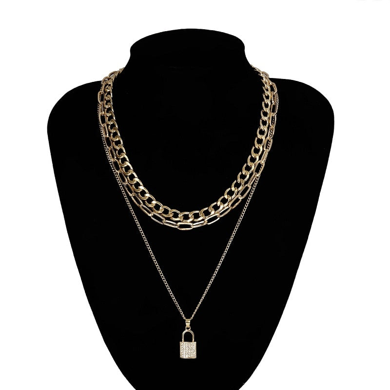 Enhance Your Style with the Glamorous Layered Crystal Lock Chain Necklace Set