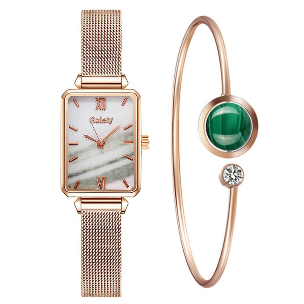 Brand Women Watches Fashion Square Dial Ladies Quartz Watches Bracelet Set Green Dial Simple Rose Gold Mesh Luxury Women Watches