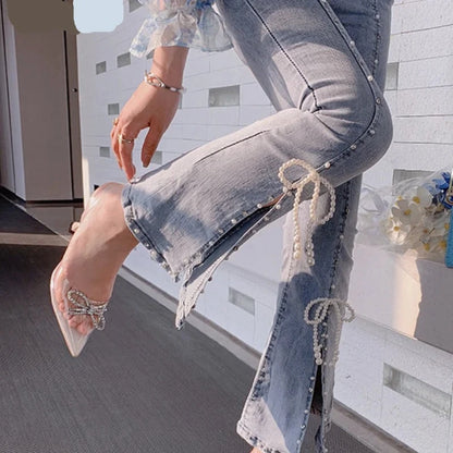 Spring Autumn Sweet High Waist Split Bow Denim Pants Women Elegant Chic Beading Bowknot Boot Cut Pants Girls Vintage Fairy Jeans