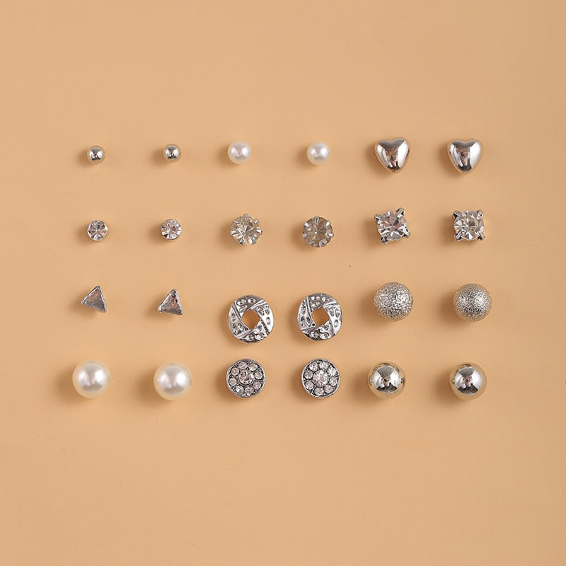 Cubic Zirconia Round Stud Earrings Set For Women Silver Color Crystal