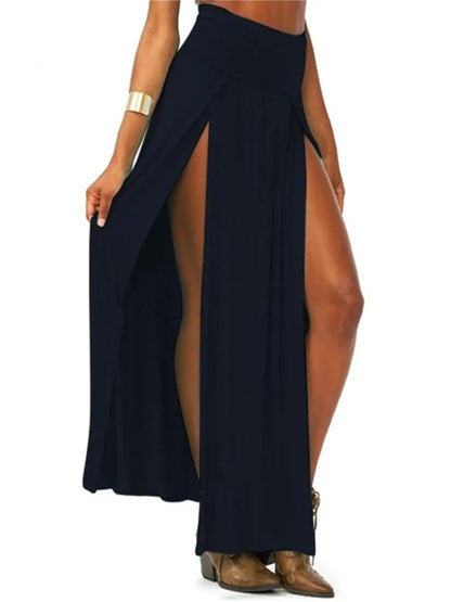 New Arrival High Waisted Sexy Womens Double Slits Summer Solid Long Maxi Skirt