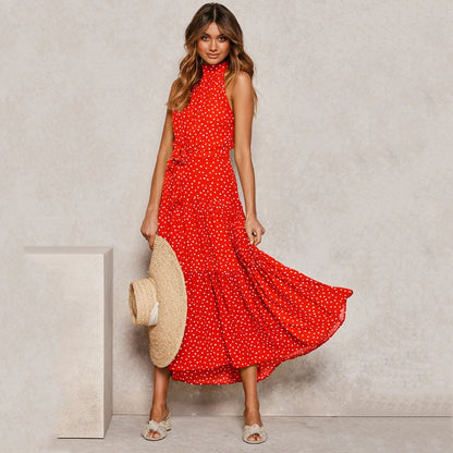 Flirty and Chic Summer Polka Dot Halter Strapless Long Dress - 2023 Collection