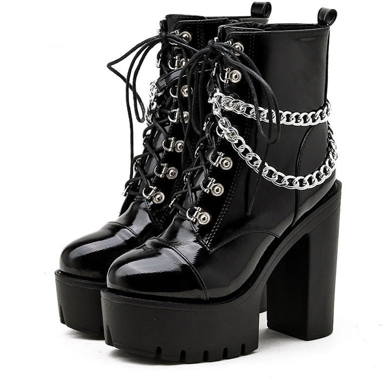 Night with Style Black Gothic Patent Leather Ankle Boots - High Heels Sexy Chains and Punk Vibes for Party Perfect Looks